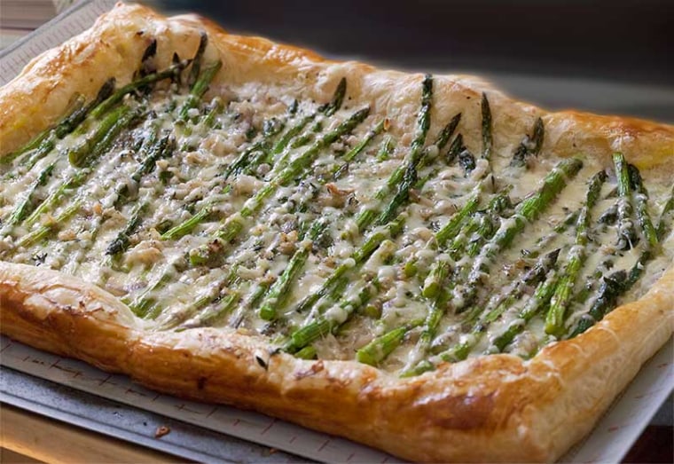 Baby asparagus, garlic and three-cheese tart