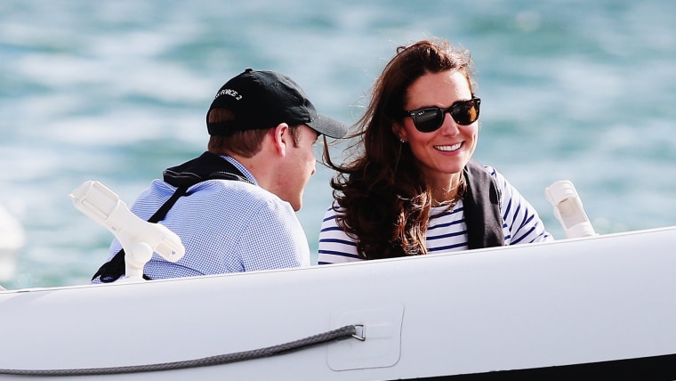 AUCKLAND, NEW ZEALAND - APRIL 11:  Catherine, Duchess of Cambridge and Prince William, Duke of Cambridge are taken out on a Sealegs boat after match r...