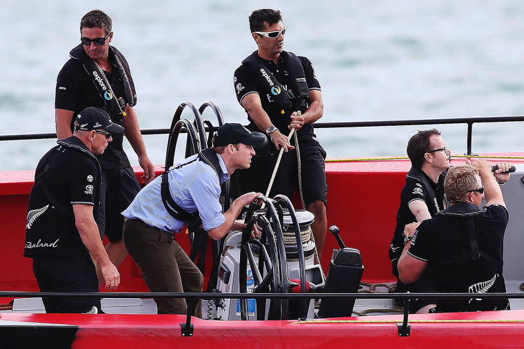 AUCKLAND, NEW ZEALAND - APRIL 11:  Prince William, Duke of Cambridge races with Team New Zealand CEO Grant Dalton during a match race on the Waitemata...