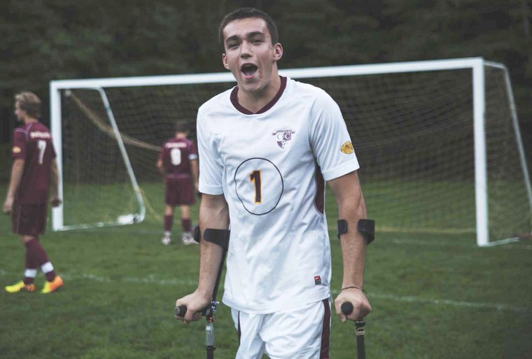 Nicolai Calabria, one-legged soccer player, and school teammates on Sept 19, 2013.