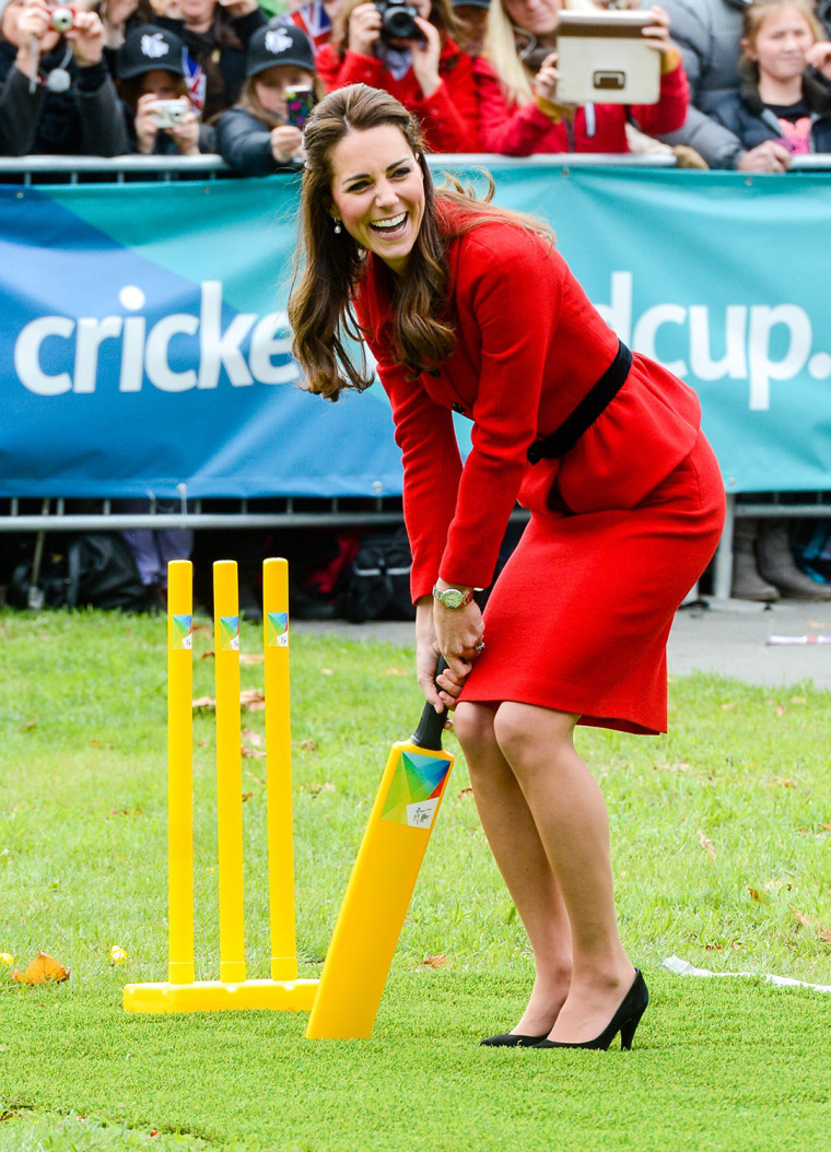 Duchess Kate took the field in four-inch heels to face off against husband Prince William in a game of cricket on Monday during the royal couple's trip to New Zealand.