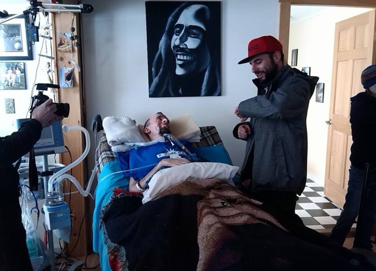 Nick Stanley, who has been bedridden for two years due to spinal cord problems. Musicians have been bringing concerts to his bedside.