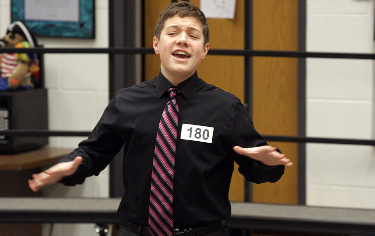 In this March 12, 2014 photo, Reat Underwood, of Stillwell, Kan., performs a vocal audition for the 45th season of Theatre in the Park at Overland Par...