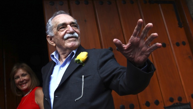 Gabriel Garcia Marquez greets journalists and neighbours on his birthday outside his house in Mexico City March 6, 2014. Garcia Marquez, the octogenar...