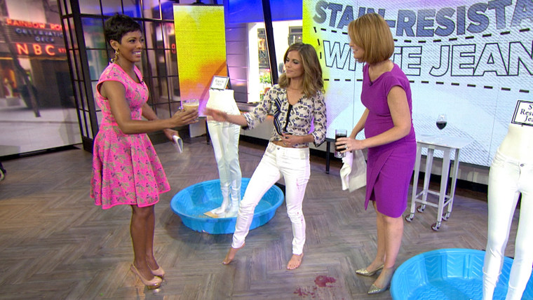 TODAY's talent try out the stain-resistant white jeans.