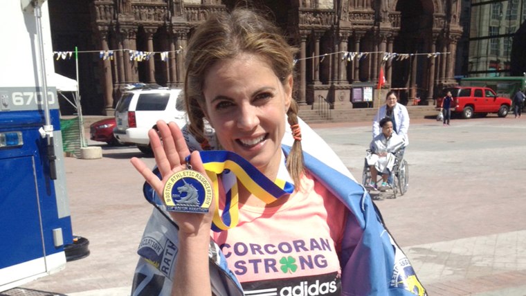 Natalie Morales at the finish line of the Boston Marathon