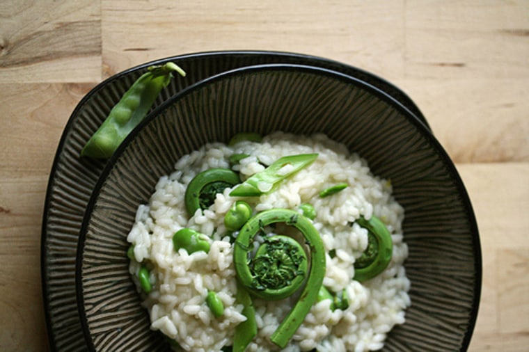 Risotto with fiddleheads, favas and snow peas