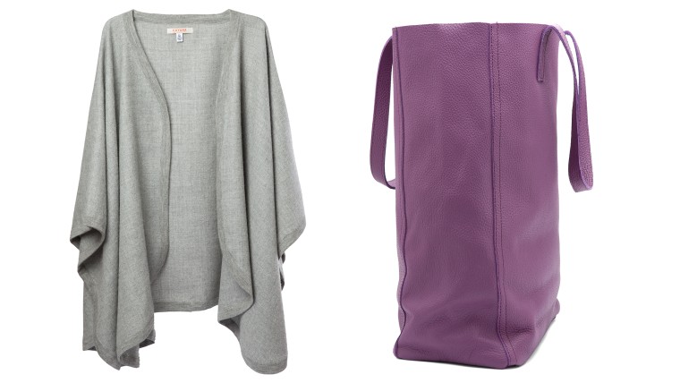 Cuyana's 100 percent baby alpaca cape ($195) and Argentinean leather tote bag in lilac ($150).