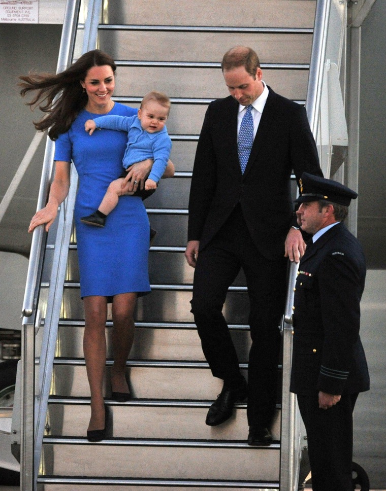 Duchess Kate, Prince George and Prince William arrive at Defence Establishment Fairbairn in Canberra, Australia on April 20, 2014.