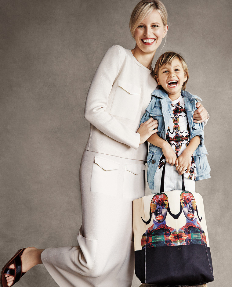 Karolina Kurkova and her son, Tobin, look playful modeling the Born Free collection for Patrick Demarchelier's camera.