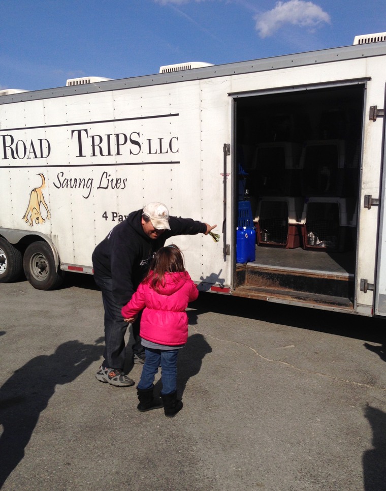 Greg Mahle shows Lylia Davies his truck, in which where her rescued pup, Nigel, waits.