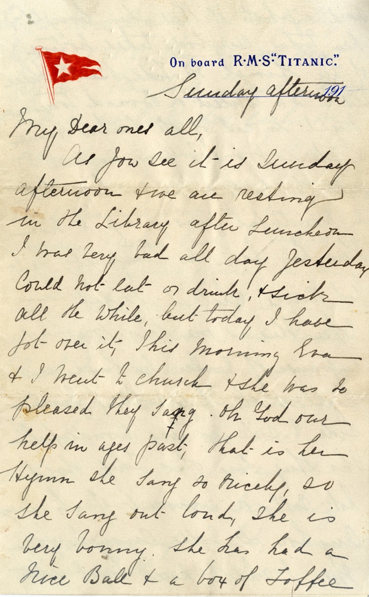 The letter was written by Titanic survivor Esther Hart, who was on board with her 7-year-old daughter, Eva, and her husband, Benjamin, the latter of whom did not survive.