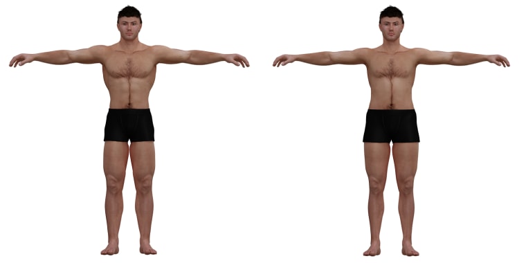 3-D illustration of ideal male body and average male body