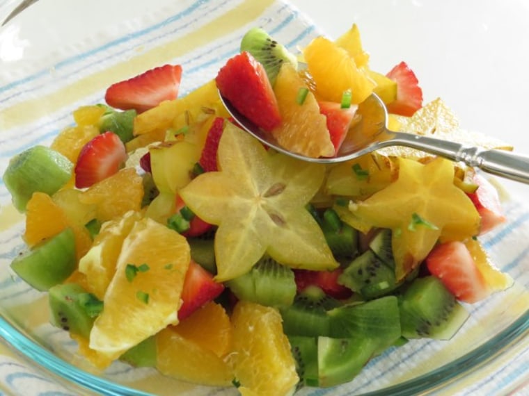 Tropical fruit salad with sweet and spicy dressing