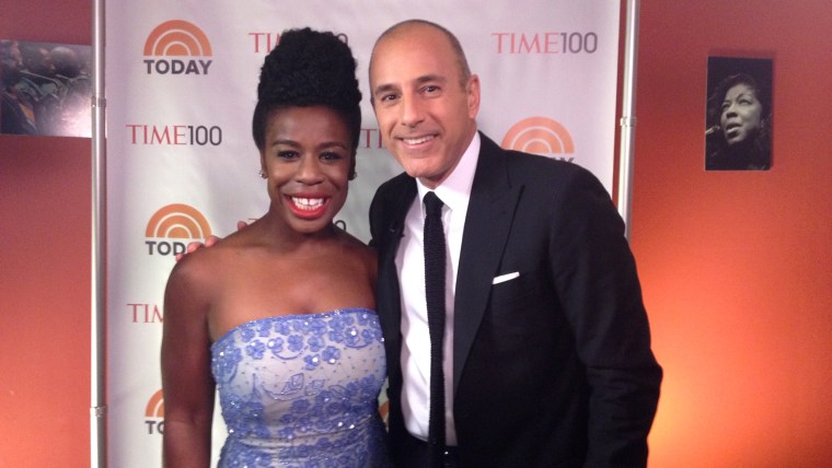 Uzo Aduba, better known as Crazy Eyes from \"Orange Is the New Black,\" poses for a photo with Matt Lauer after the Time 100 gala.
