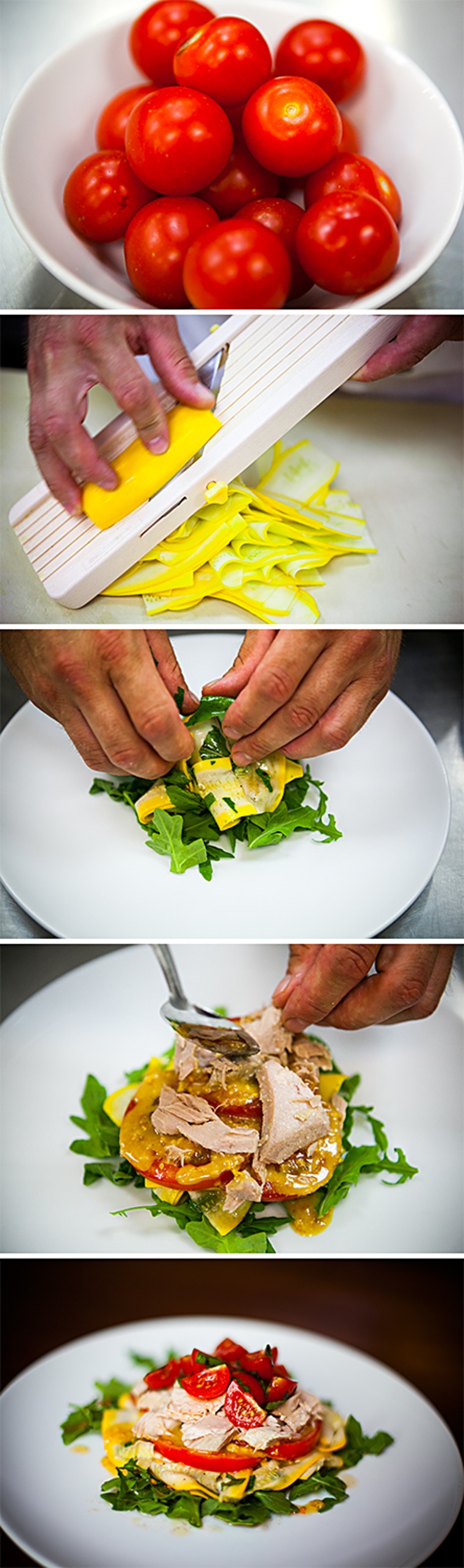 No-cook tuna, tomato and zucchini napoleon recipe by chef Ben Pollinger