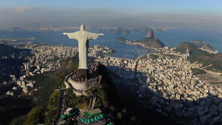 RIO DE JANEIRO, BRAZIL - JULY 27:  An arial view of the 'Christ the Redeemer' statue on top of Corcovado mountain on July 27, 2011 in Rio de Janeiro, ...
