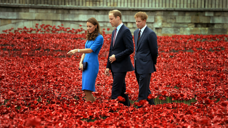 Duchess Kate, Prince William and Prince Harry visit the Tower of London's \"Blood Swept Lands and Seas of Red\" ceramic poppy installation commemorating the 100th anniversary of the outbreak of World War I.