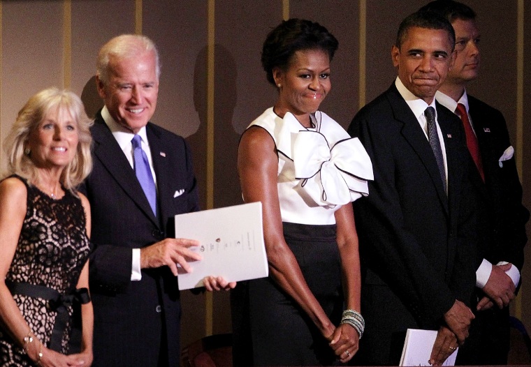 WASHINGTON, DC - SEPTEMBER 11:  (R-L) U.S. President Barack Obama, first lady Michelle Obama, Vice President Joseph Biden and his wife Jill Biden atte...