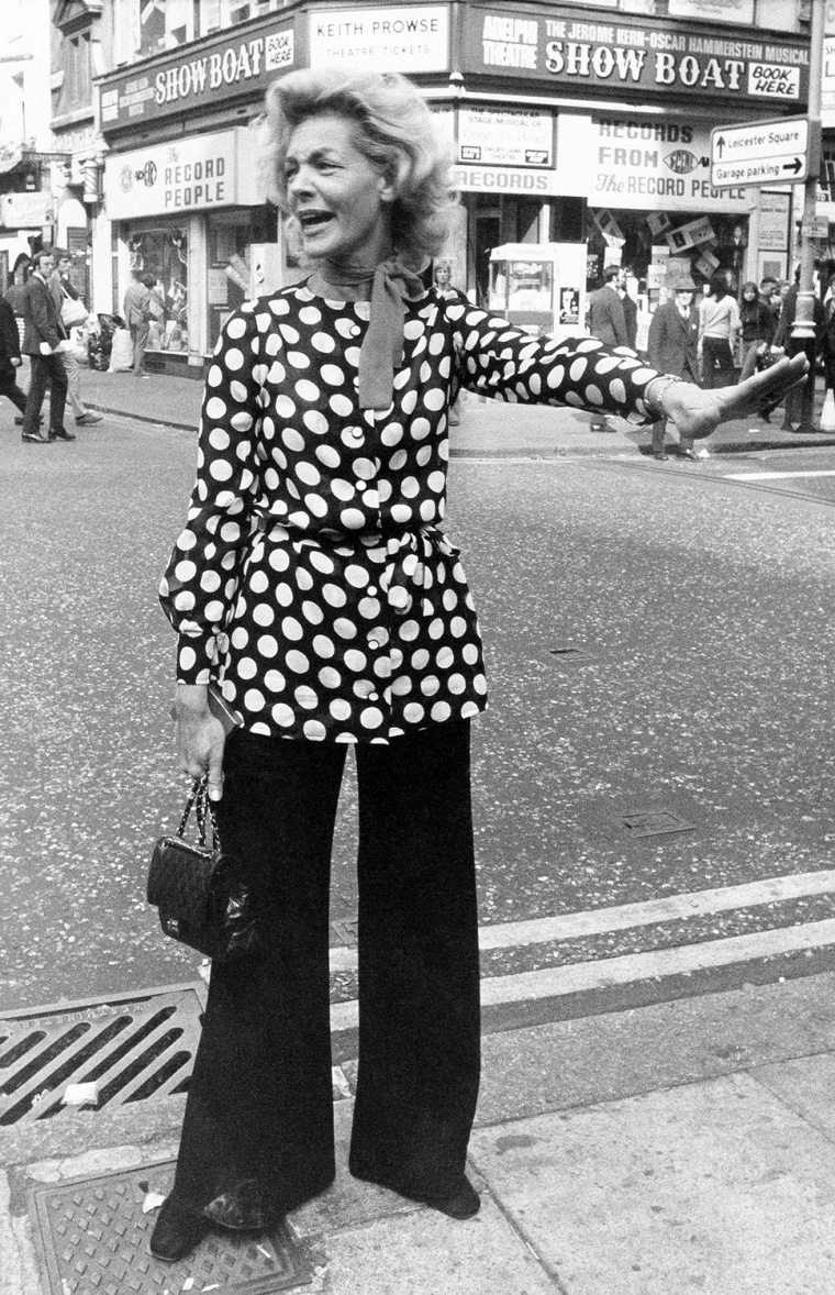 Ready in a polka dot tunic to stop the Leicester Square traffic in London Oct. 2, 1972, is American actress Lauren Bacall here to star in the London p...
