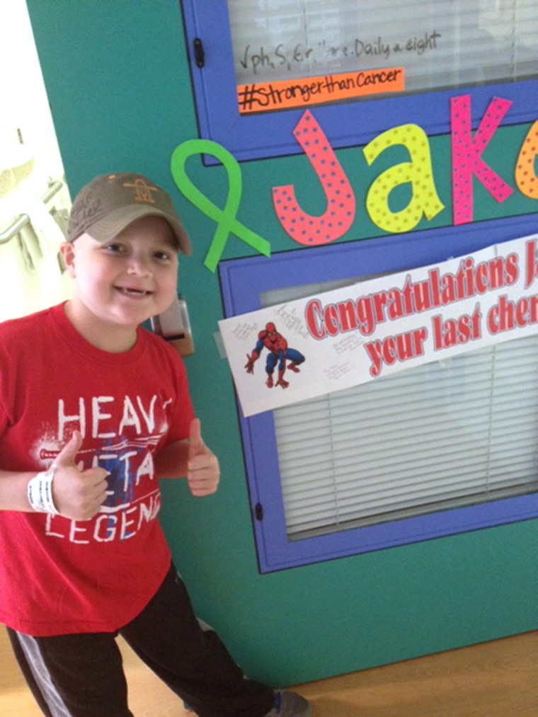 Texans fan Jake Daniel, who was diagnosed with non-Hodgkin's lymphoma in December, celebrates his final round of chemotherapy in May.