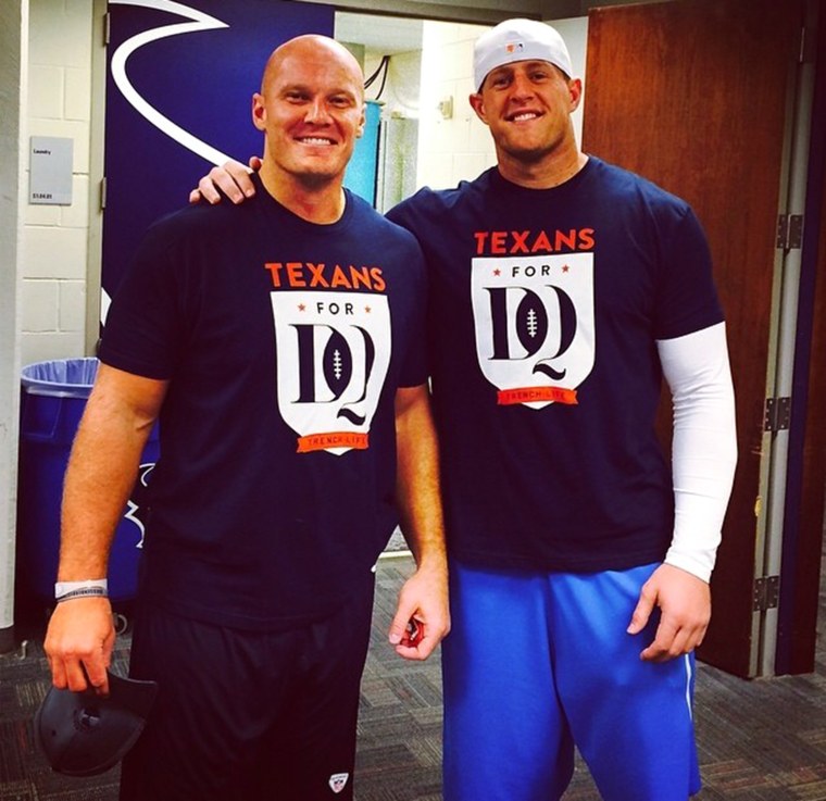 Houston Texans players Chris Myers and J.J. Watt sport \"Texans for DQ\" T-shirts in honor of David Quessenberry, who is battling non-Hodgkin's lymphoma...