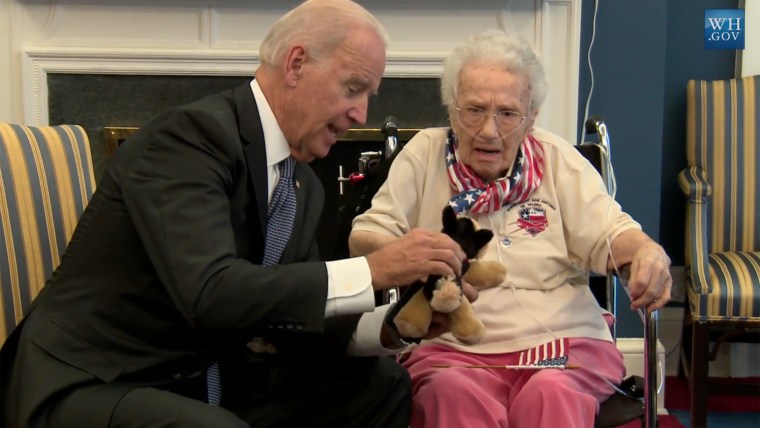 Vice President Joe Biden charmed 108-year-old war veteran Lucy Coffey at the White House recently, including giving her a stuffed dog in homage to his own dog.