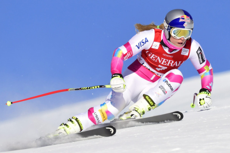 Lindsey Vonn of the United States races down the hill during the second training run for the World Cup women's downhill ski race in Lake Louise, Alber...