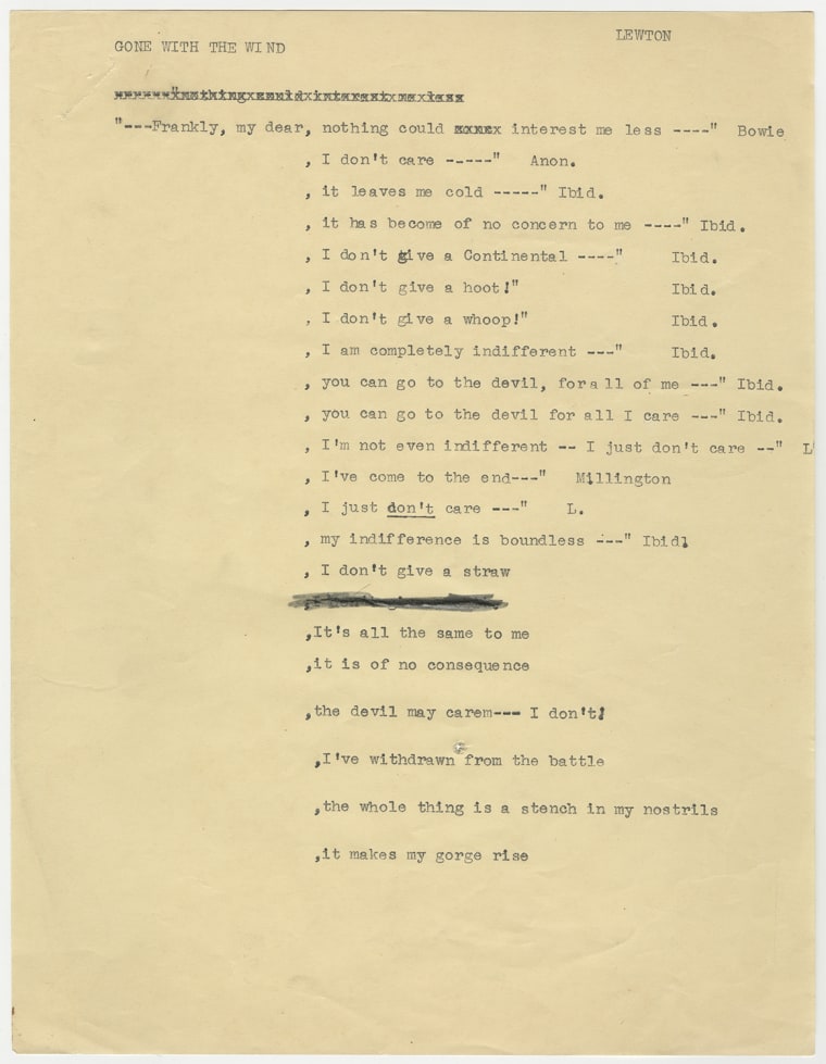 Image: The list of alternative lines for \"Gone With the Wind's\" end