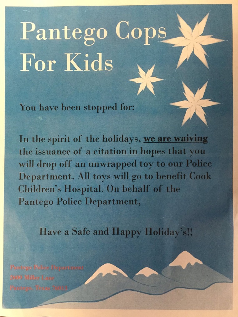 Police in Pantego, Texas, are issuing warnings instead of citations for minor traffic infractions during the holidays and instead urging people to donate toys that will give given to a local children's hospital.