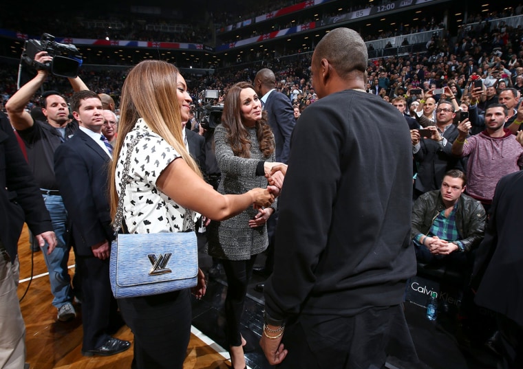 NEW YORK - DECEMBER 8: Singer Beyonce and Husband Jay-Z greets The Duchess of Cambridge in the game of the Cleveland Cavaliers against the Brooklyn Ne...