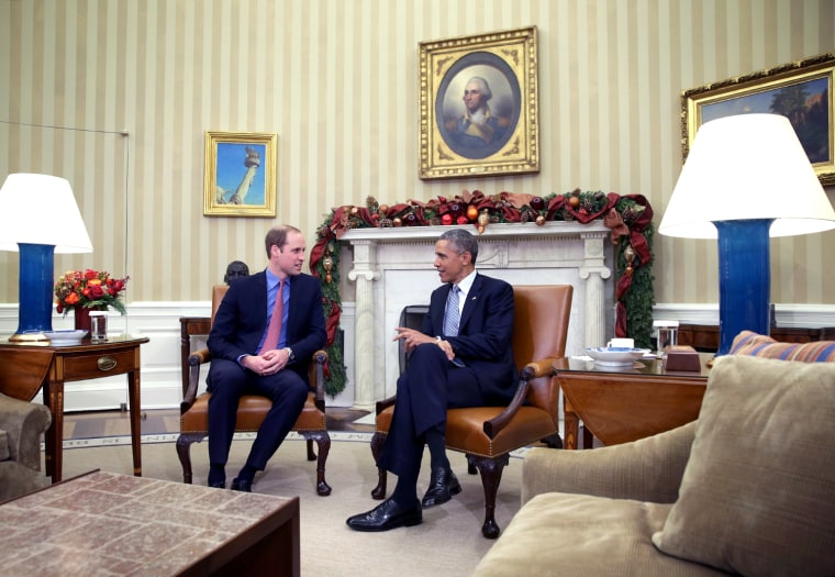 WASHINGTON, DC - DECEMBER 08:  U.S. President Barack Obama (R) meets with Prince William (L), Duke of Cambridge, in the Oval Office of the White House...