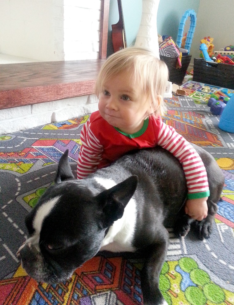 Wyatt Scott plays with the family dog. He's a happy baby, despite frequent visits to the hospital.