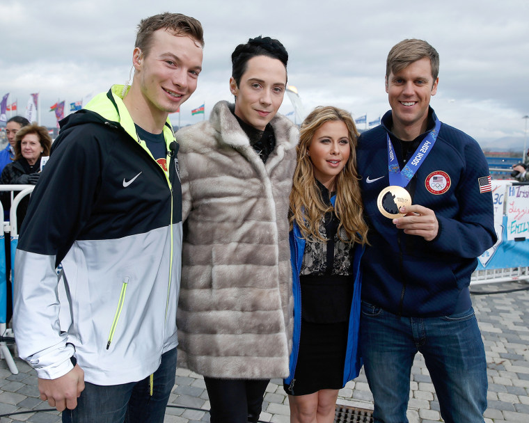 David Wise,Johnny Weir, Tara Lipinski  and Alex Deibold pose at the Sochi 2014 Winter Olympics.