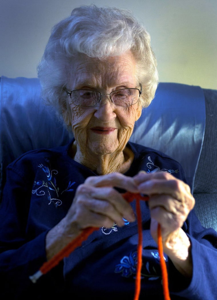 On her 104th birthday, Dody Patterson spends the morning knitting caps at her apartment at Good Samaritan Society Eugene Village in Eugene on Dec. 3, ...
