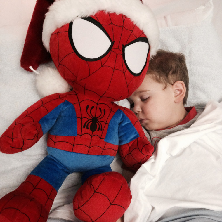 Jayden Wilson gets comfort from his stuffed Spidey, too.