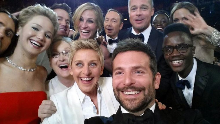 This image released by Ellen DeGeneres shows actors front row from left, Jared Leto, Jennifer Lawrence, Meryl Streep, Ellen DeGeneres, Bradley Cooper,...