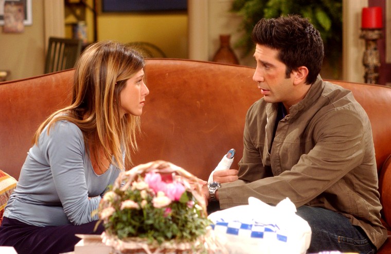 FRIENDS -- NBC Series -- \"The One Where Emma Cries\" -- Pictured: (l-r)  Jennifer Aniston as Rachel Green, David Schwimmer as Ross Geller -- Warner Bro...