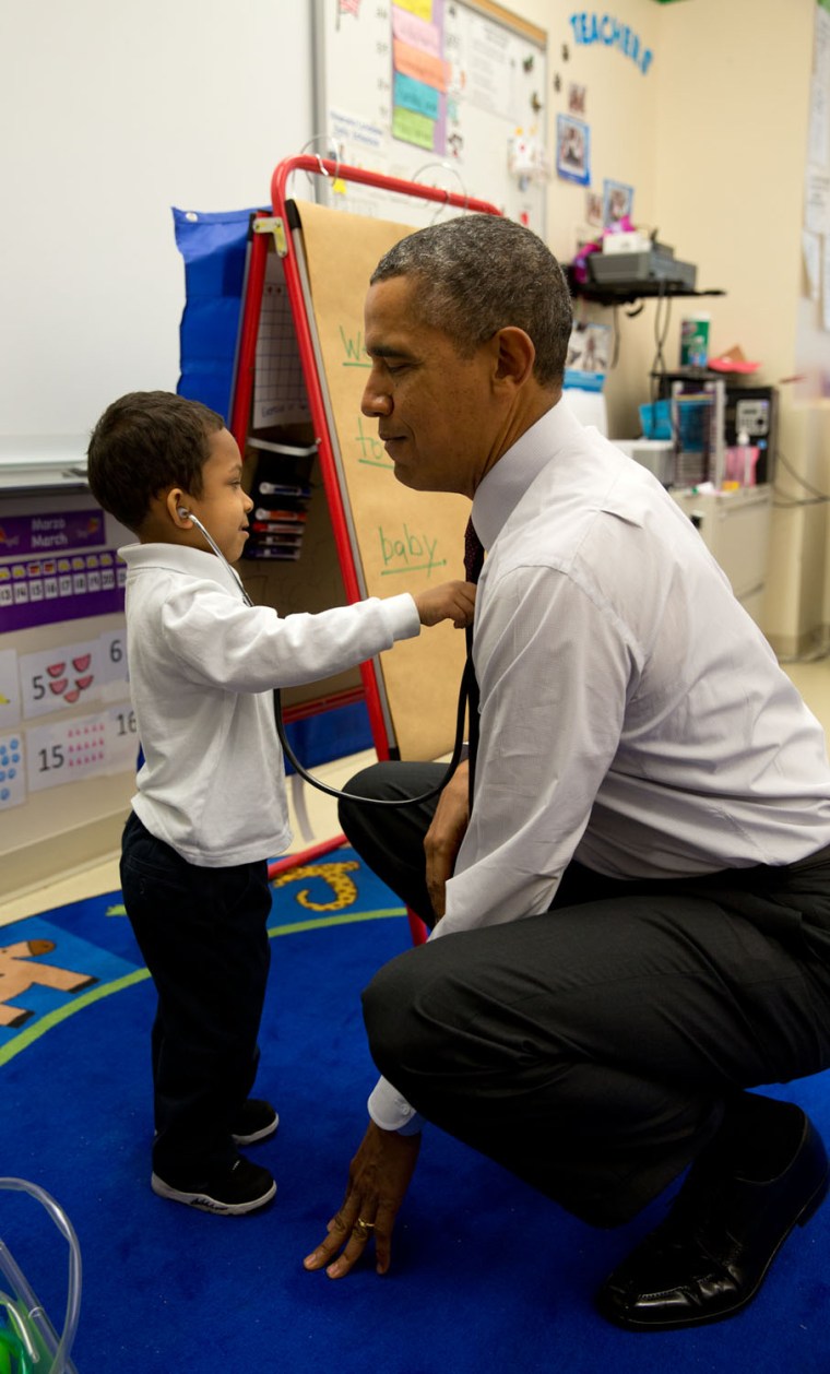 March 4, 2014
\"The President was visiting a classroom at Powell Elementary School in Washington, D.C. A young boy was using a stethoscope during the c...