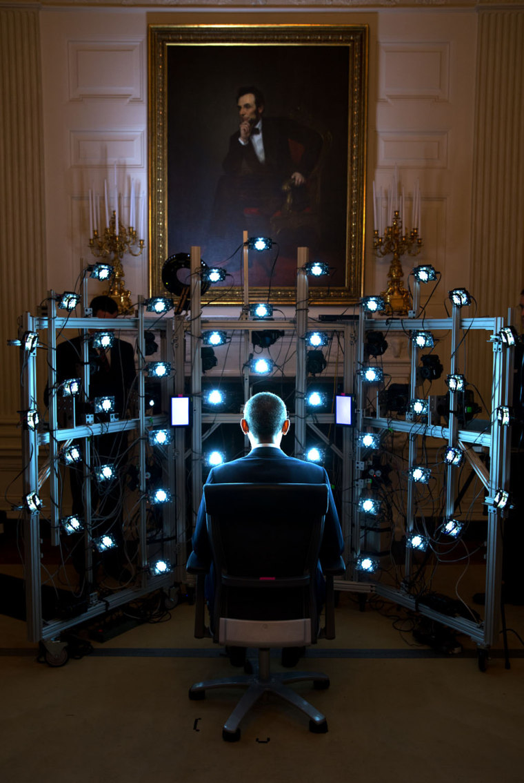 June 9, 2014
\"The President sits for a 3D portrait being produced by the Smithsonian Institution. There were so many cameras and strobe lights flashin...