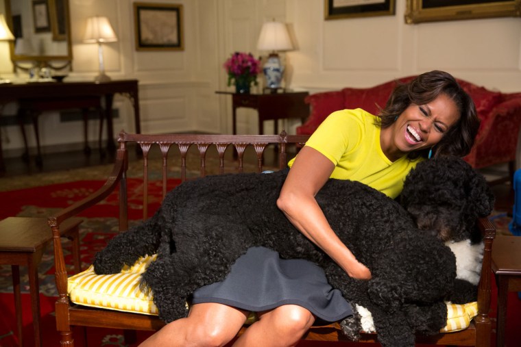 April 14, 2014
\"Amanda Lucidon captured this spontaneous moment as the First Lady hugged family pets Sunny and Bo during a video taping in the Map Roo...