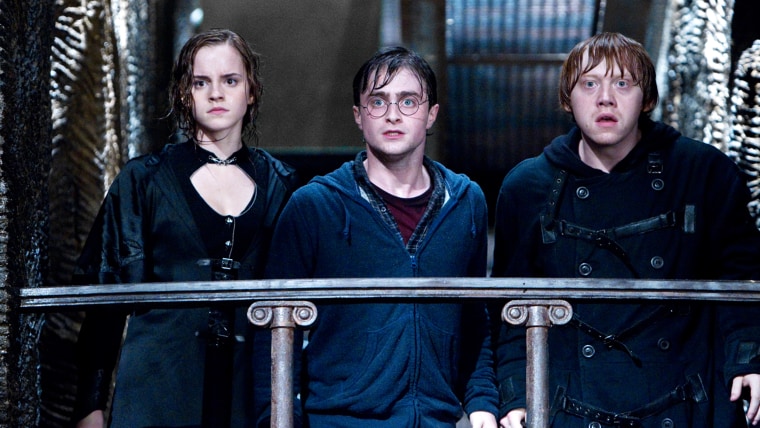 Emma Watson as Hermione Granger, Daniel Radcliffe as Harry Potter and Rupert Grint as Ron Weasley in a scene from \"Harry Potter and the Deathly Hallows: Part 2.\"