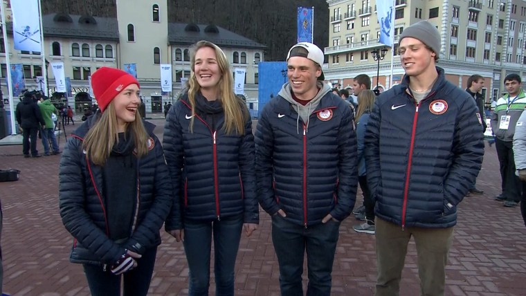 From left, U.S. freestyle ski team members Maggie Voisin, Julia Krass, Gus Kenworthy, and Josh Christensen.