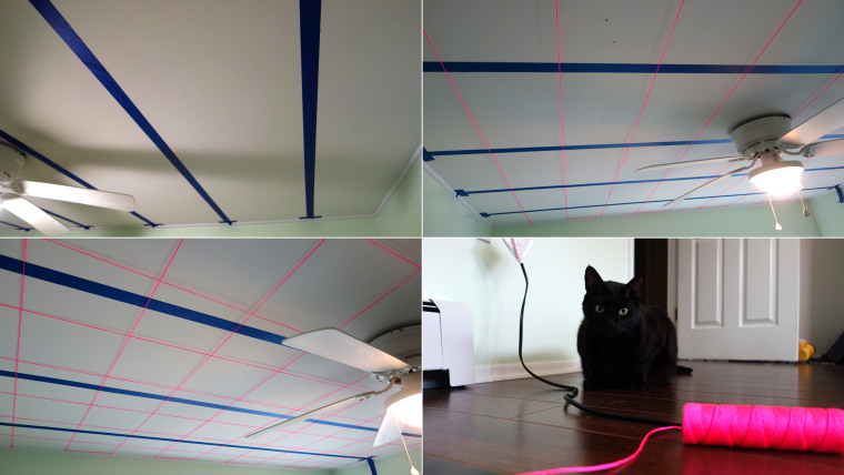 Starting out, Brian used painters tape to mark where the beams were in the ceiling (so he wouldn’t drill there), and then stapled landscaping string to create a one-foot by one-foot grid. Boo, the kitten, didn’t enjoy the process.