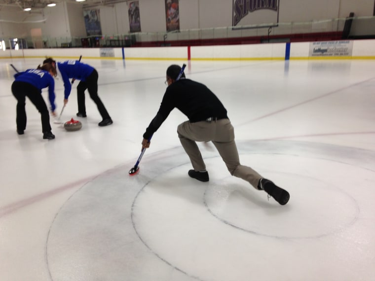Anchor in the House: Lester tries his hand at curling.
