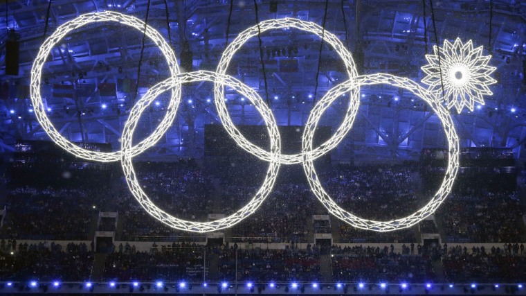 One of the rings forming the Olympic Rings fails to open during the opening ceremony of the 2014 Winter Olympics in Sochi, Russia, Friday, Feb. 7, 201...