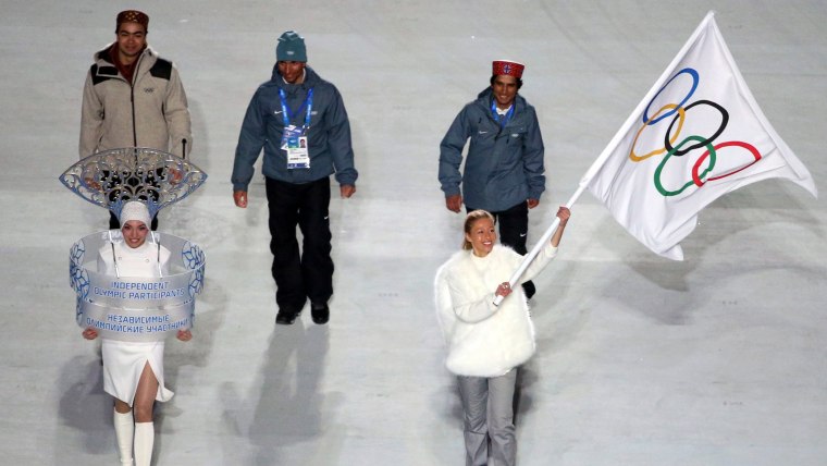 epa04060650 Indian athletes starting as Independent Olympic Participants enter the stadium during the Opening Ceremony of the Sochi 2014 Olympic Games...