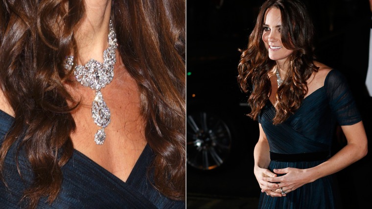 Catherine, Duchess of Cambridge, wears the queen's Nizam of Hyderabad diamond necklace on Tuesday night.
