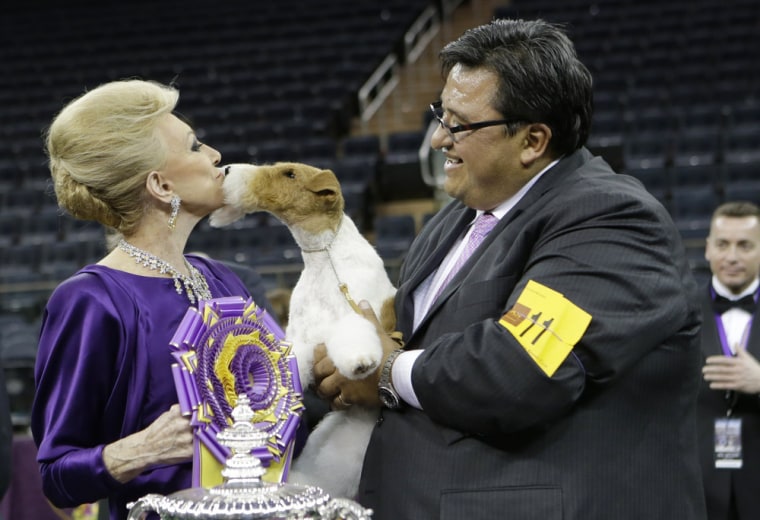 Judge Betty Regina Leininger, left, and handler Gabriel Rangel, pose with Sky, a wire fox terrier, after winning best in show at the Westminster Kenne...