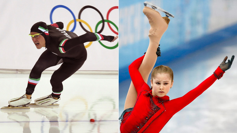 Italy's Mirko Nenzi, left, competes in the the men's speed skating 1000 m on Feb. 12; Russia's Yulia Lipnitskaya, right, performs during the women's free skating of the figure-skating team event on Feb. 9.
